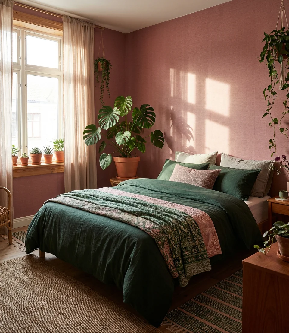 Deep Blush and Green Botanical Bedroom 1