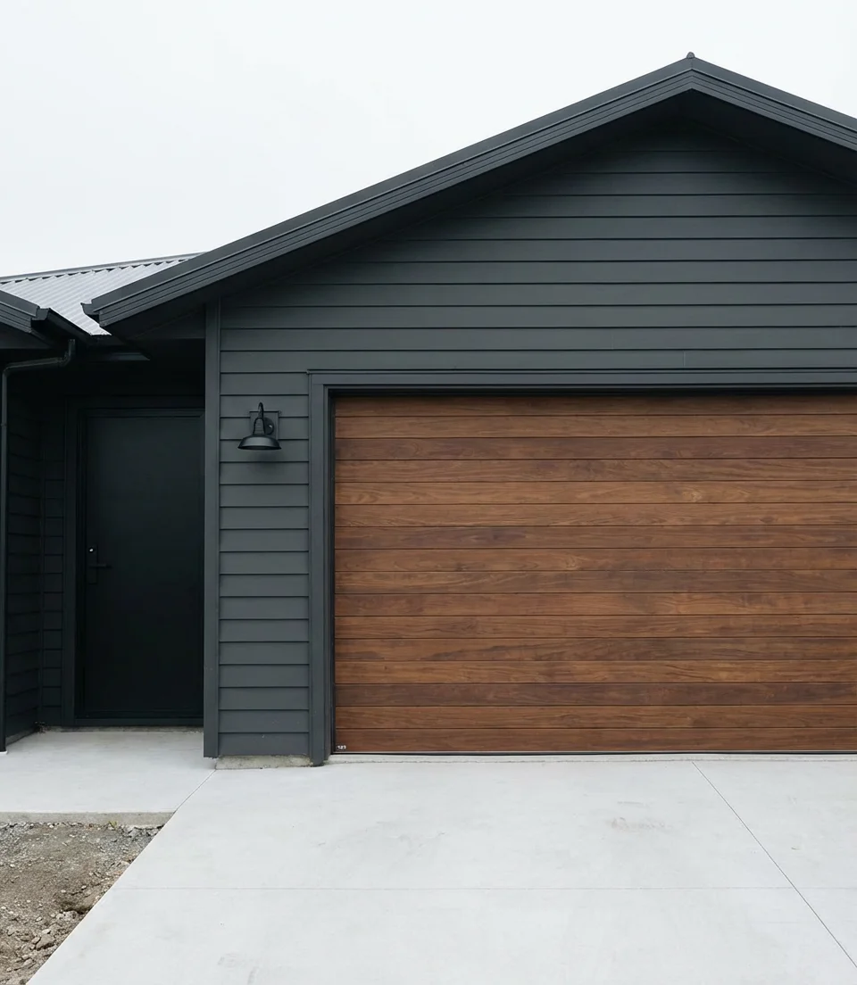 Deep Charcoal Gray With Warm Wood Garage Door 1