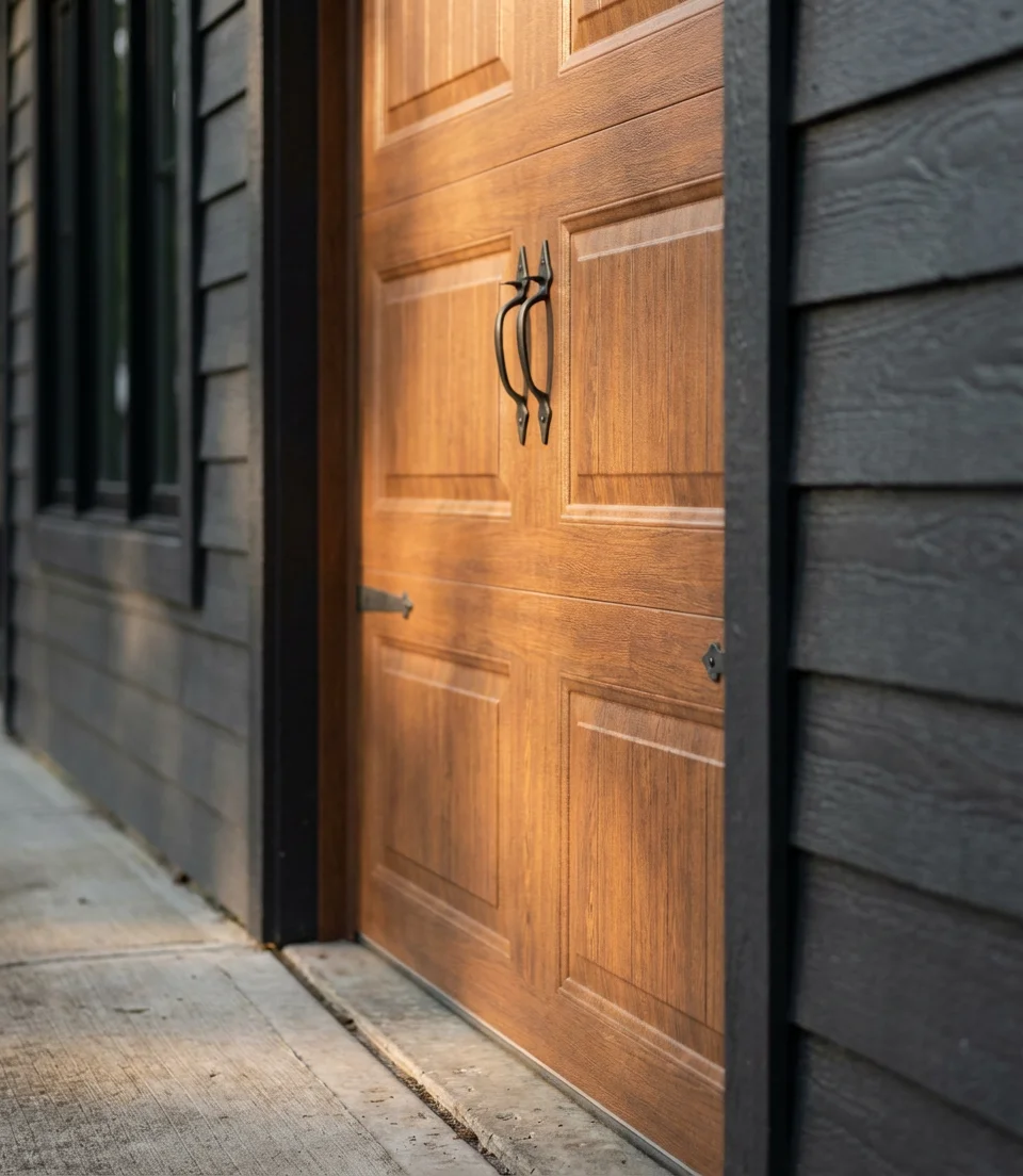 Deep Charcoal Gray With Warm Wood Garage Door 2