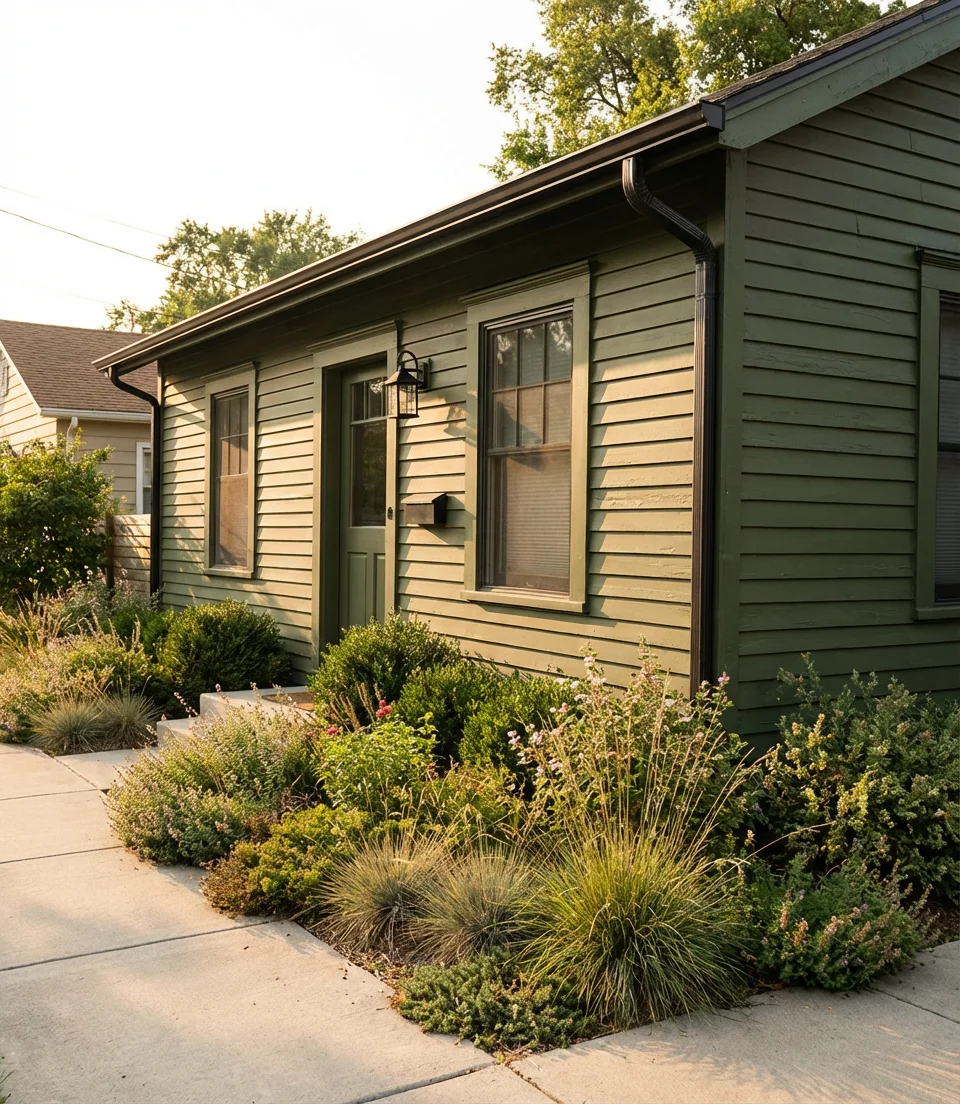 Deep Olive on a Small House with Black Accents 1