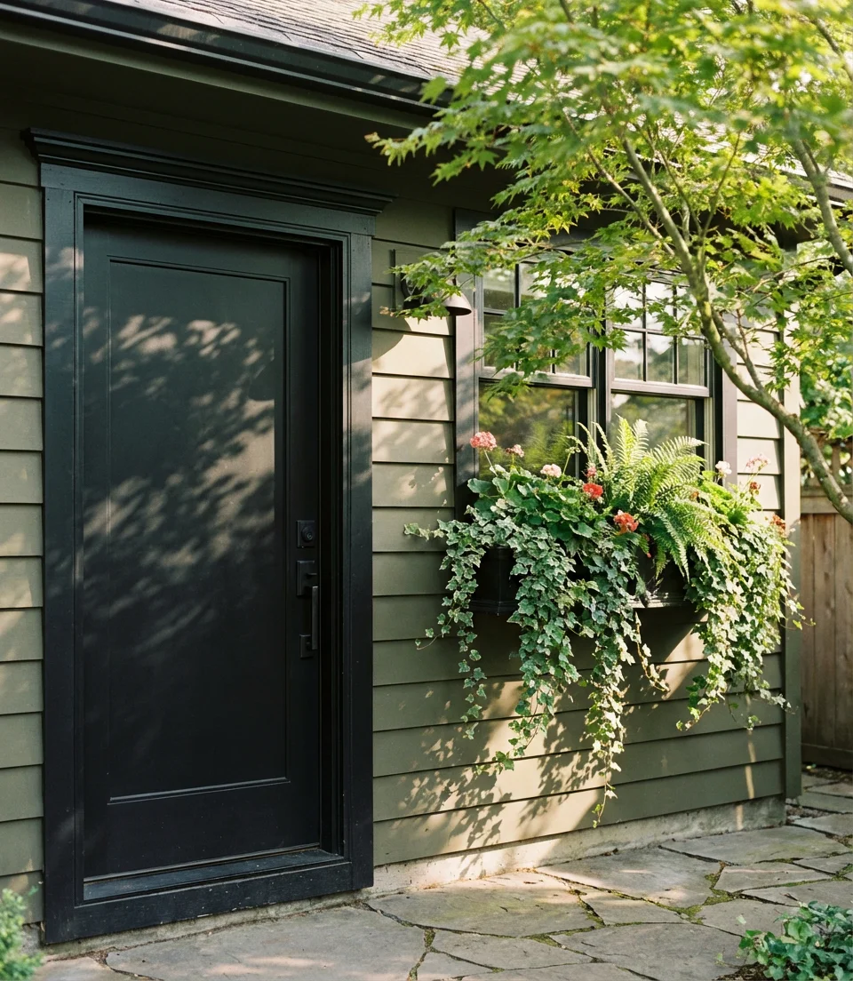 Deep Olive on a Small House with Black Accents 2