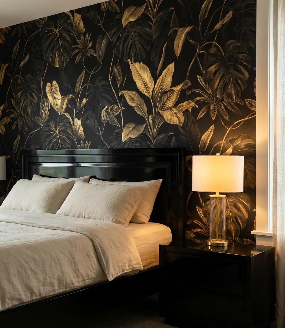 Dramatic Black Bedroom With Wallpaper as a Feature 1