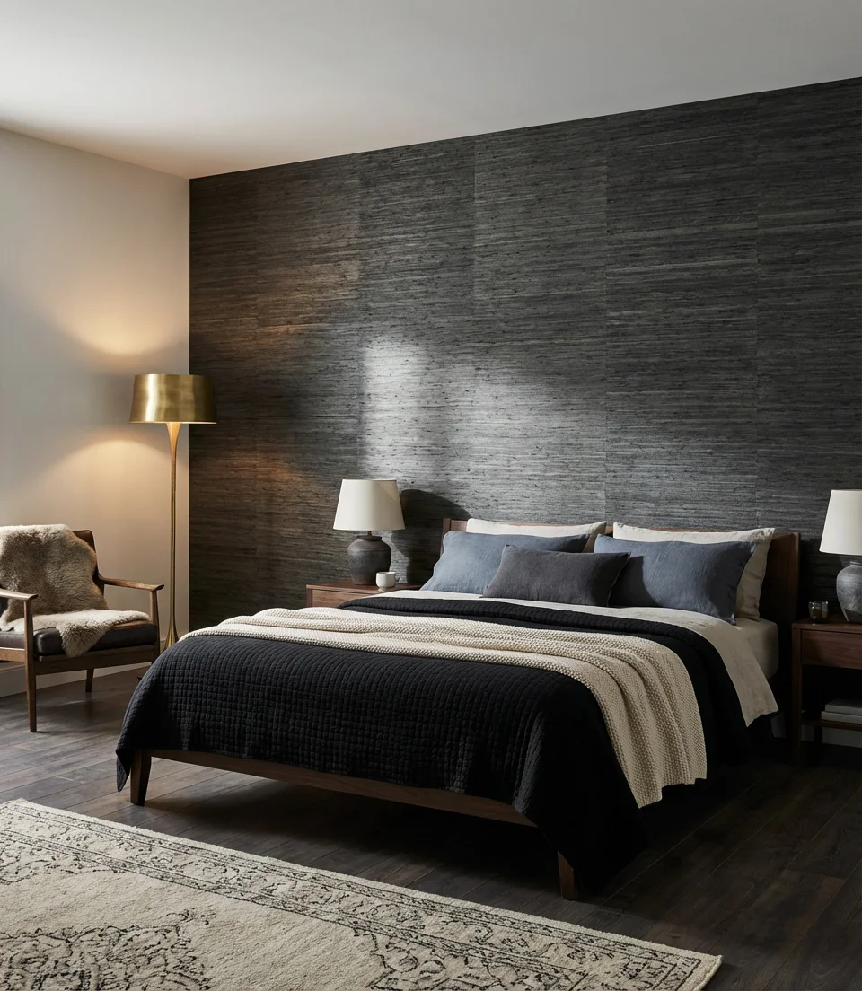 Dramatic Black Bedroom With Wallpaper as a Feature 2
