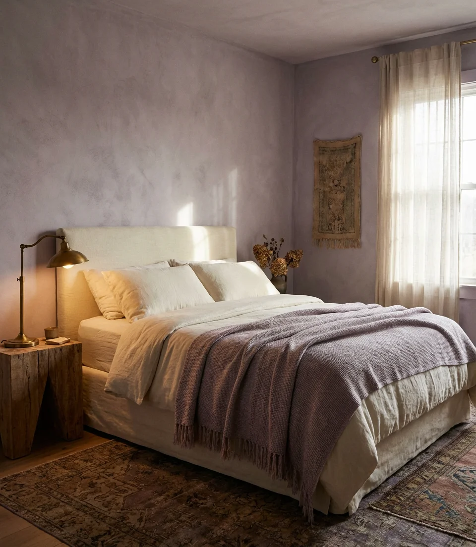 Dusty Purple Bedroom with Linen Textures 1