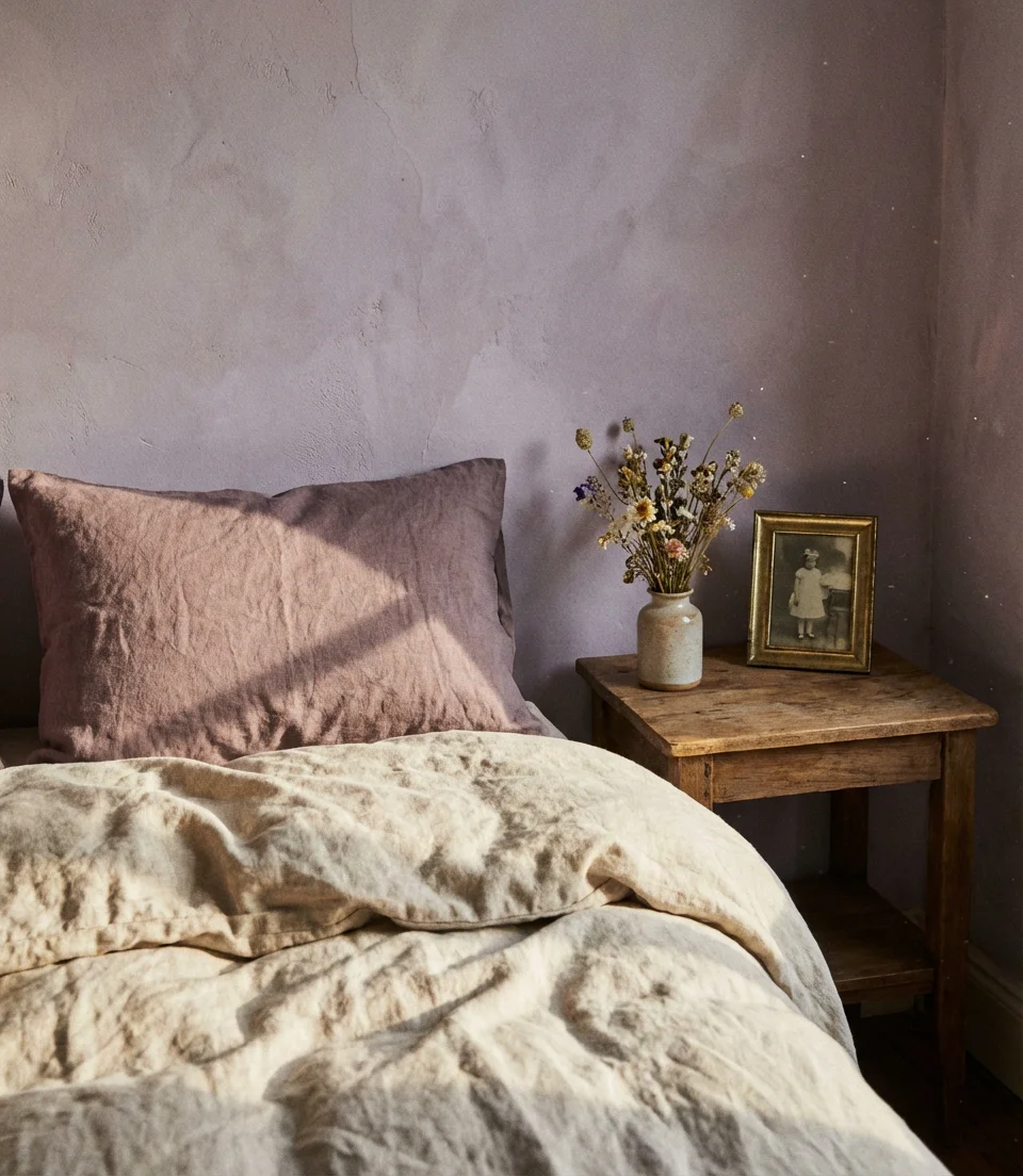 Dusty Purple Bedroom with Linen Textures 2