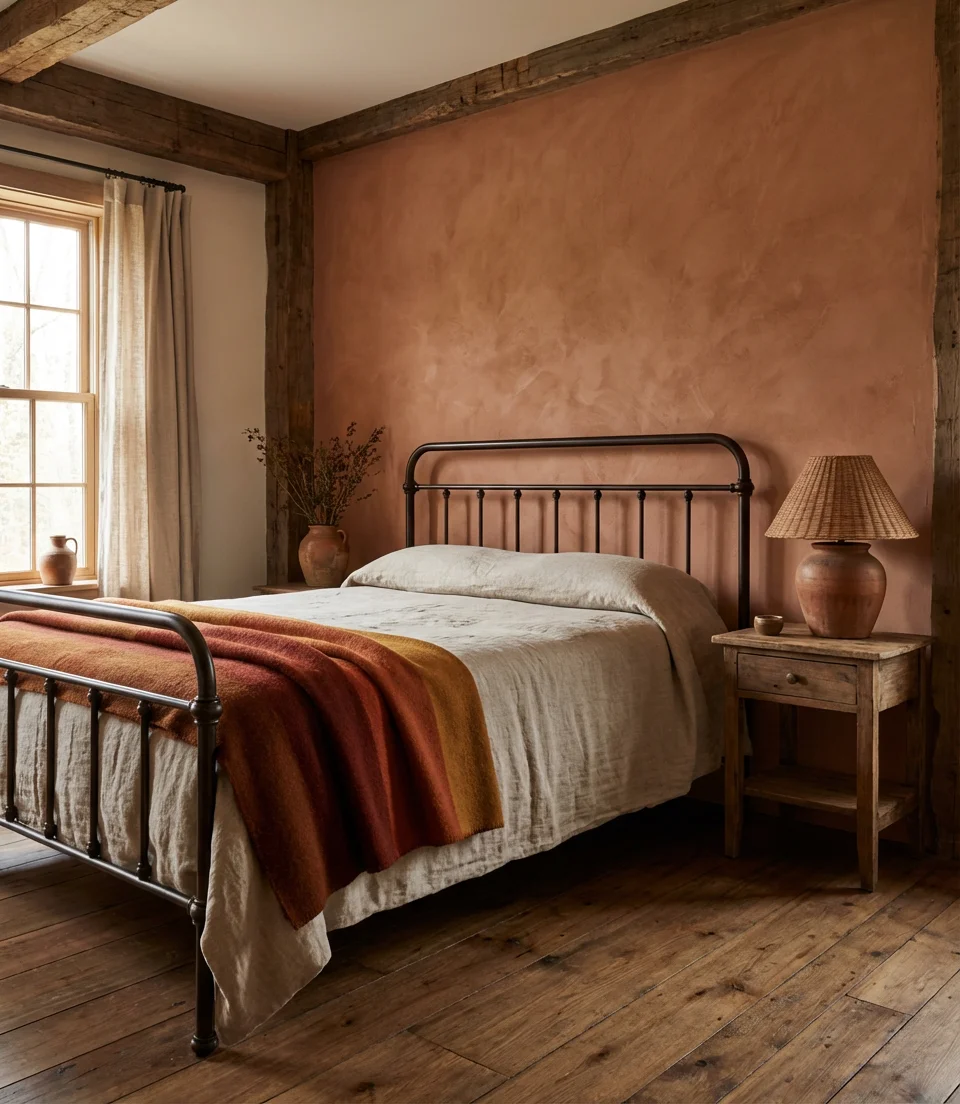 Earthy Farmhouse Bedroom With Terracotta and Clay Tones 1
