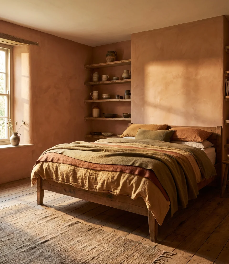 Earthy Farmhouse Bedroom With Terracotta and Clay Tones 2
