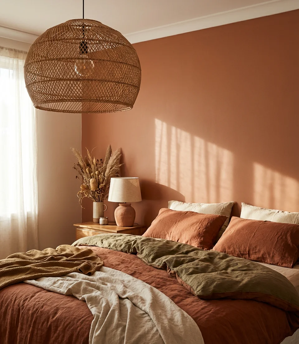 Earthy Vibes Bedroom With Clay and Rattan Fixtures 1