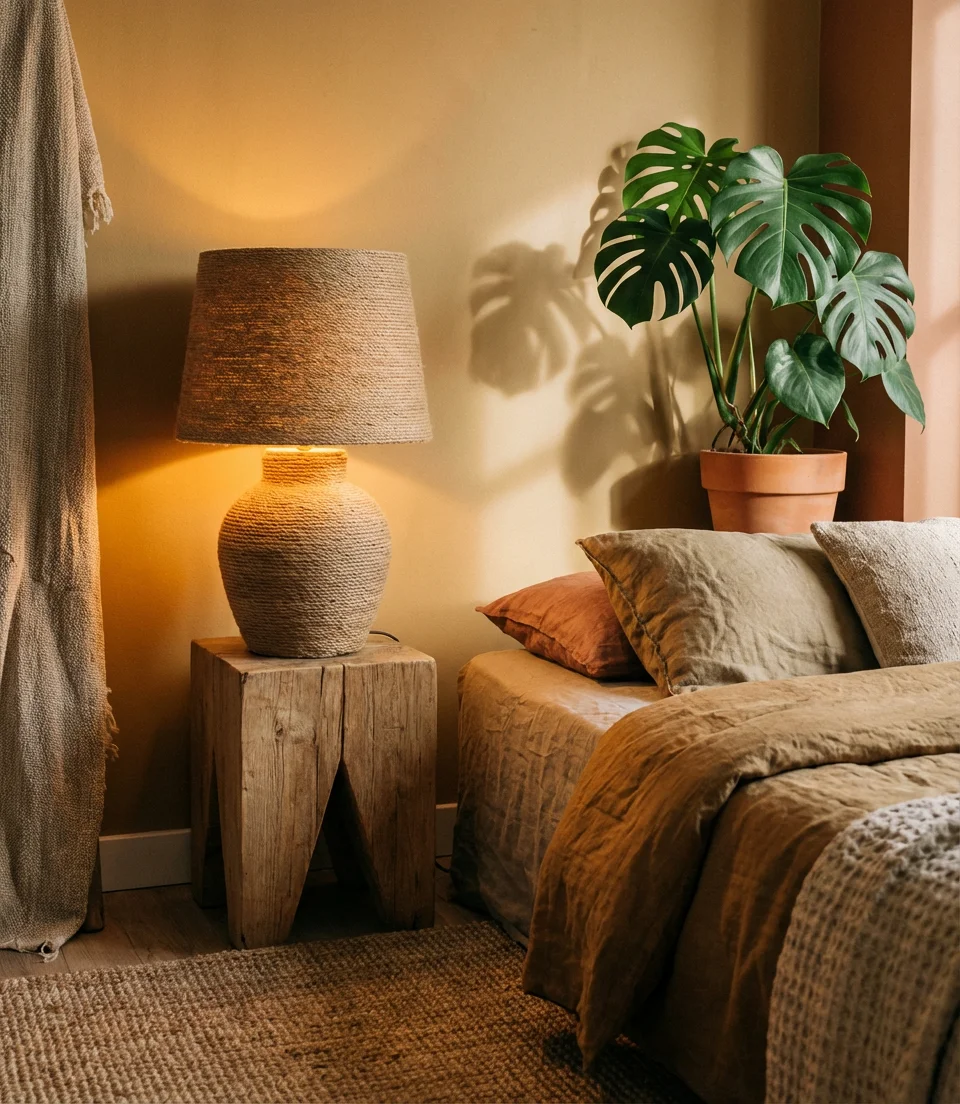 Earthy Vibes Bedroom With Clay and Rattan Fixtures 2