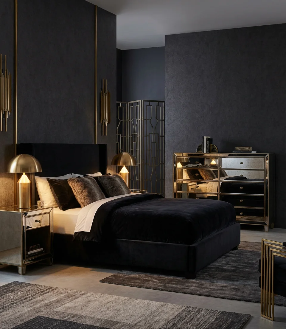 Elegant Black Bedroom With Mirrored Furniture 1