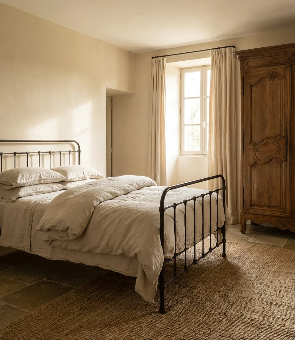 European Farmhouse Bedroom With Plaster Walls and Linen 1