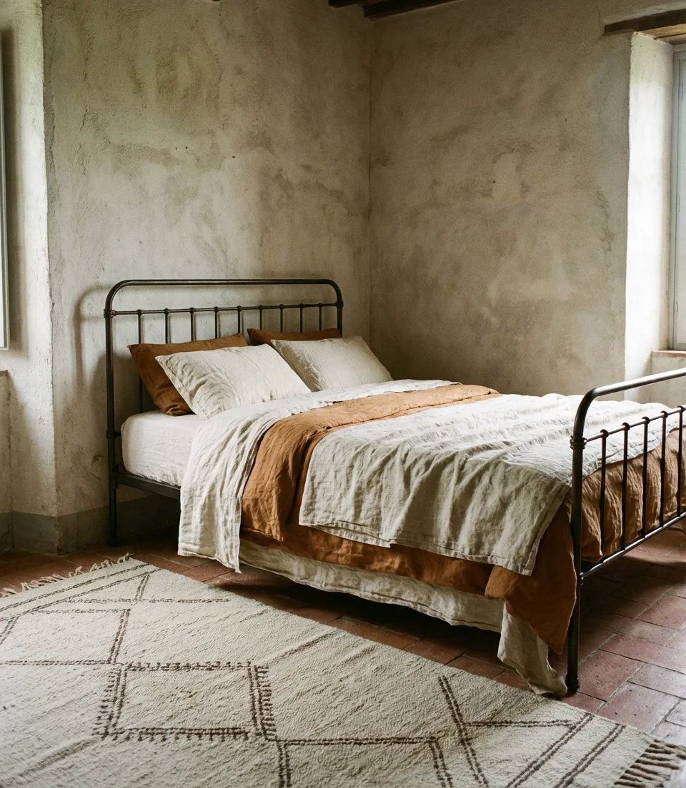 European Farmhouse Bedroom With Plaster Walls and Linen 2