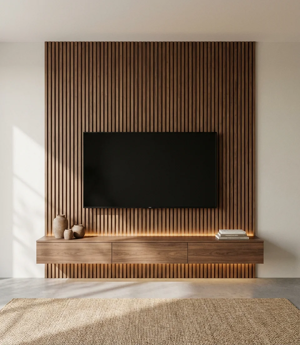 Floating TV Wall with Wood Slat Paneling 1