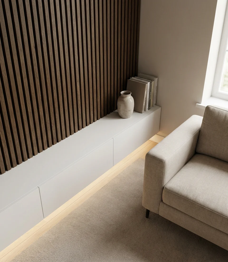 Floating TV Wall with Wood Slat Paneling 2