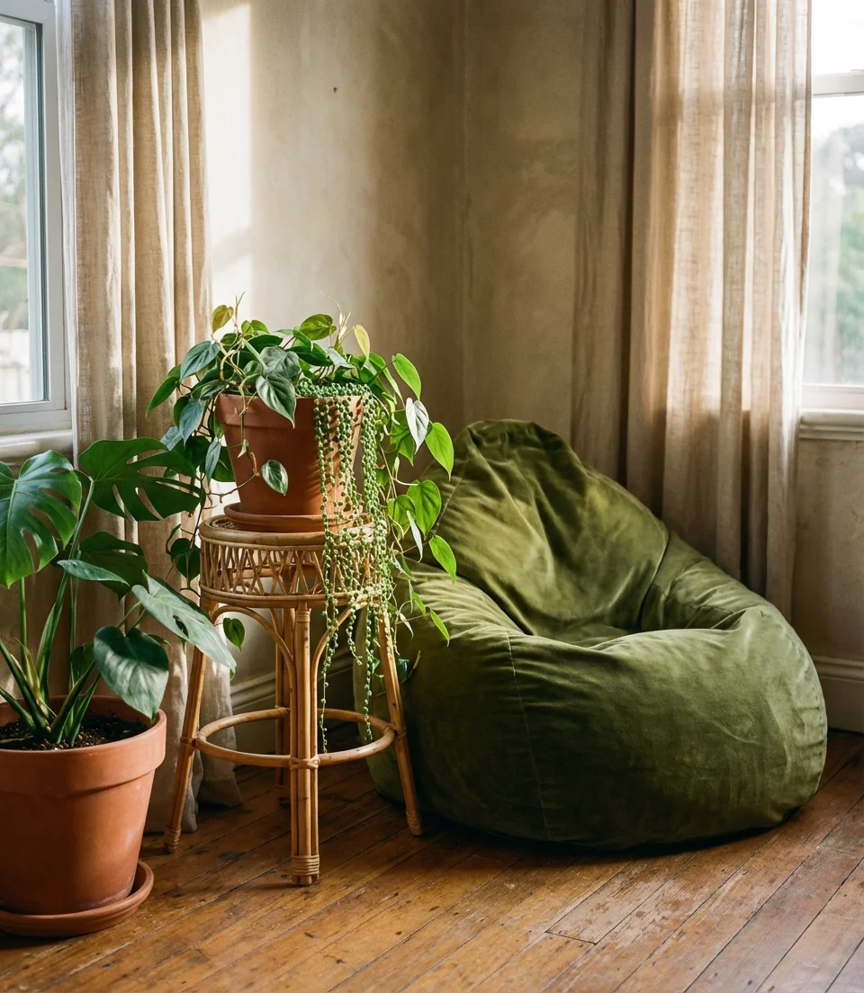 Green Bean Bag Chair for an Earthy Living Room Vibe 1