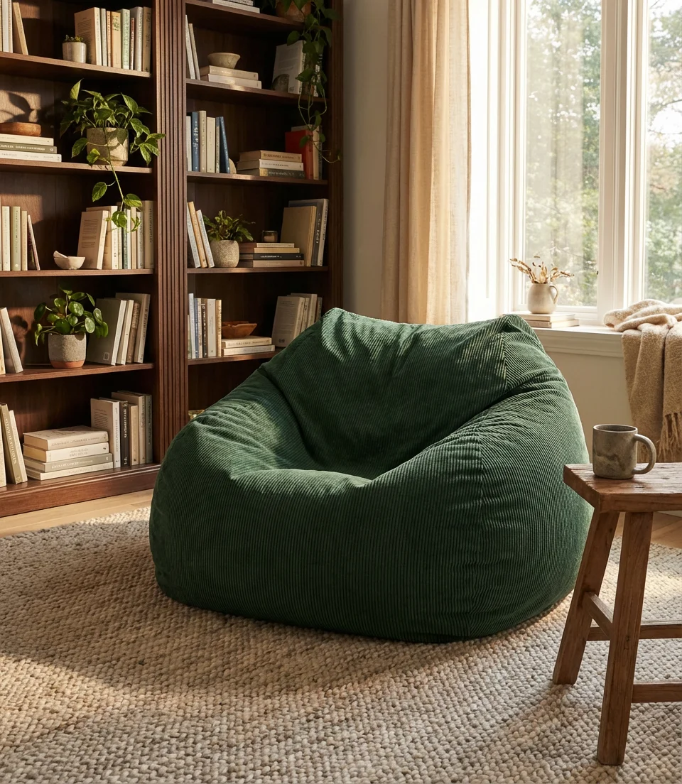 Green Bean Bag Chair for an Earthy Living Room Vibe 2