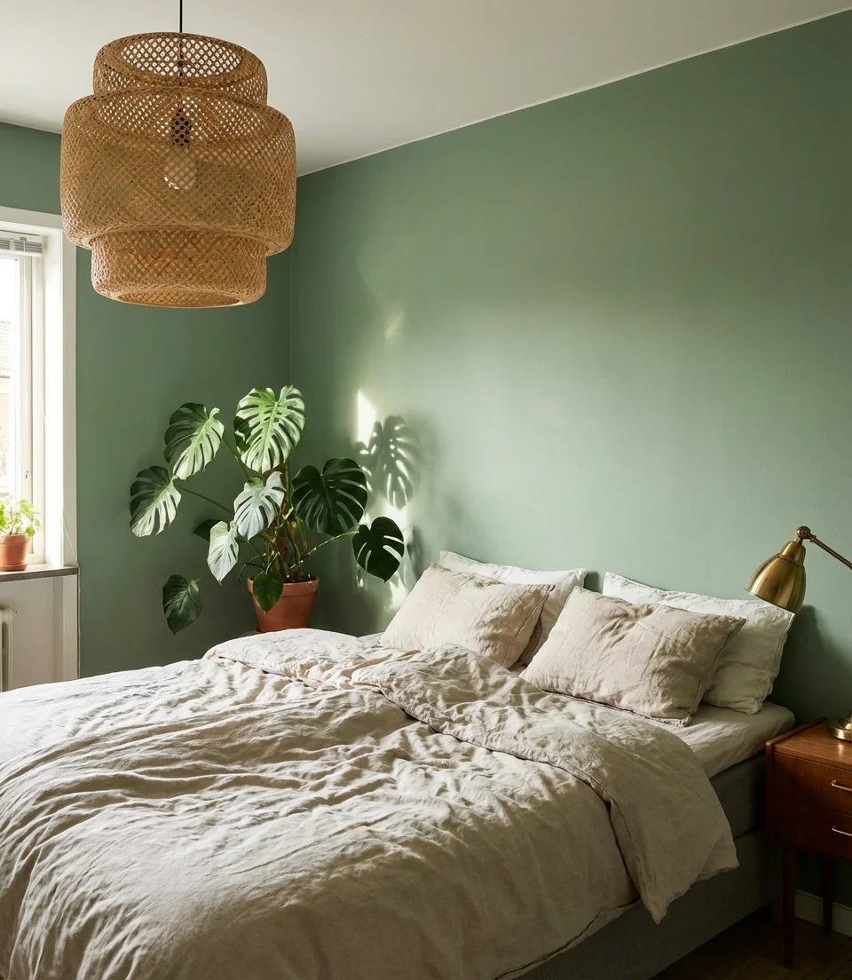 Green Bedroom With Botanical Lighting Accents 1