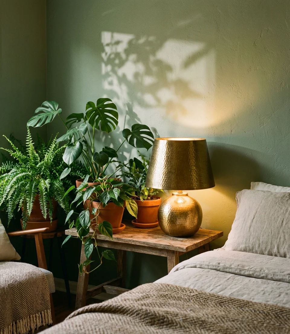 Green Bedroom With Botanical Lighting Accents 2
