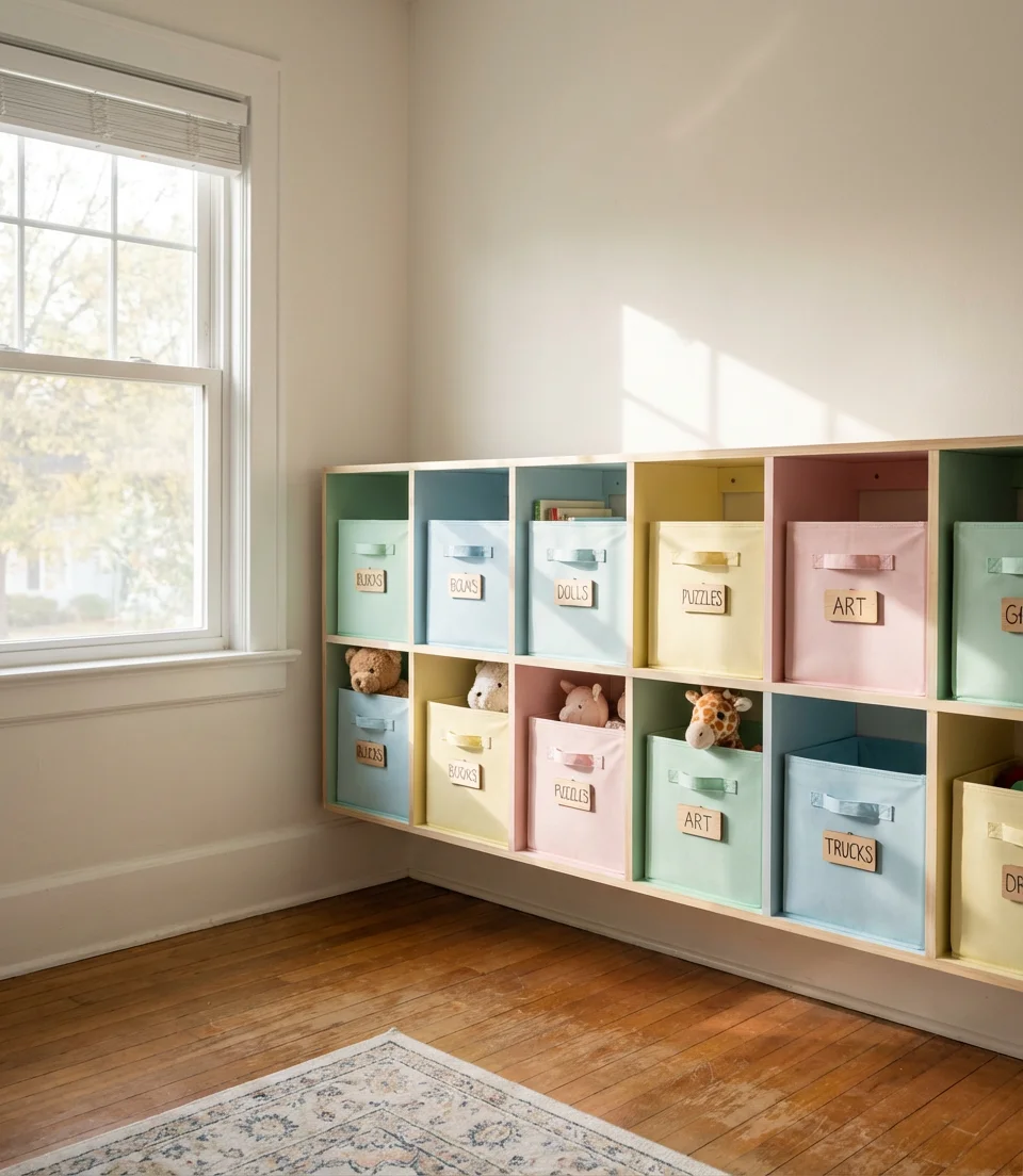Kids' Bedroom Storage Wall with Labeled Cubbies 1
