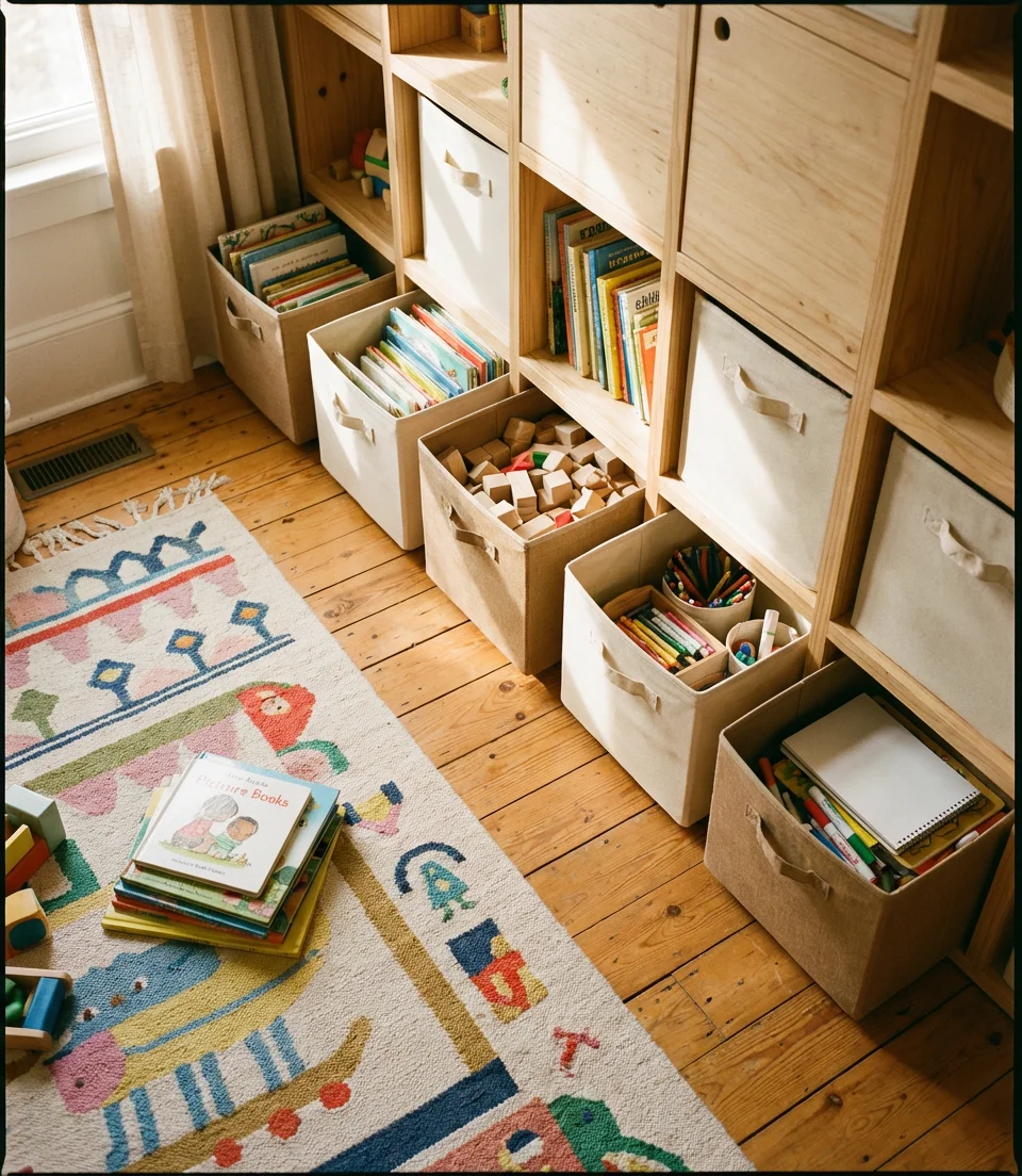 Kids' Bedroom Storage Wall with Labeled Cubbies 2