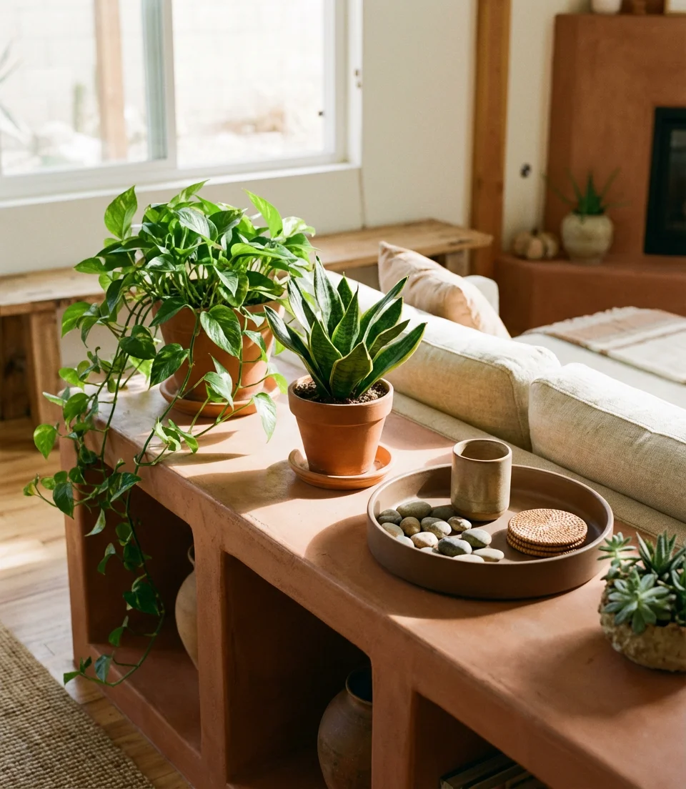 Low Console with Plants and Earthy Tones 1