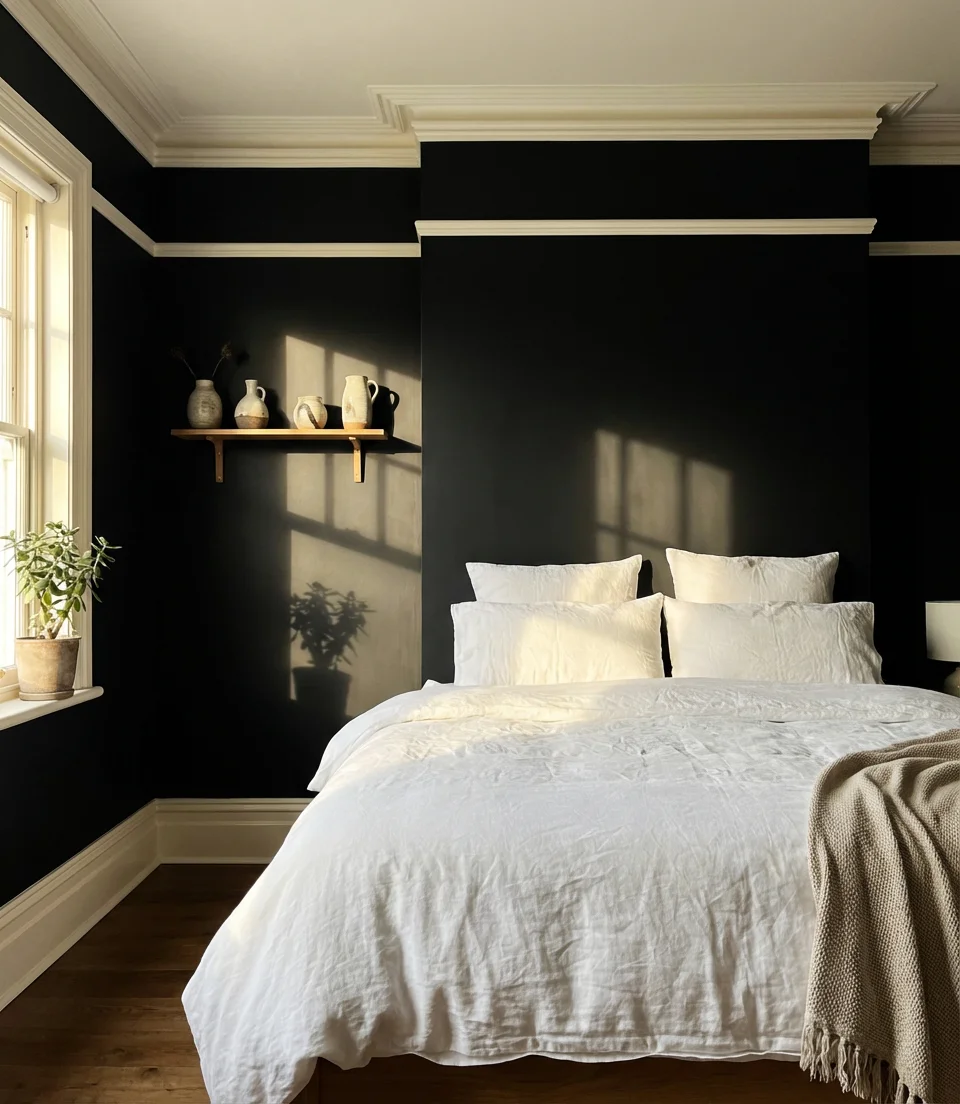 Matte Black Walls With Warm White Trim 1