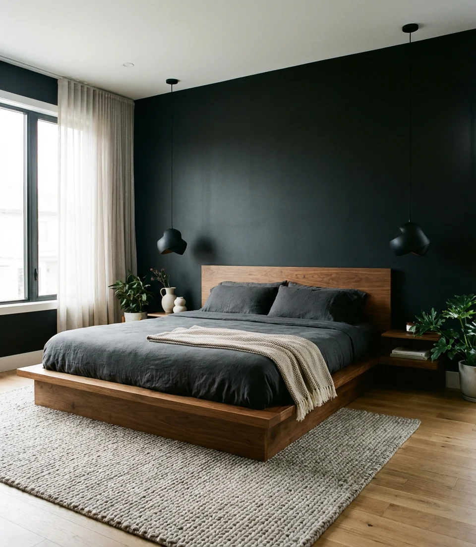 Modern Black Bedroom With Warm Wood Tones 1