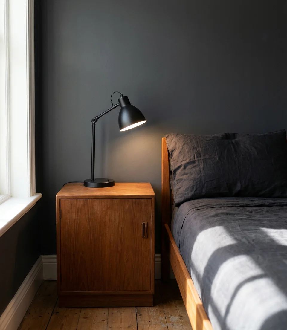 Modern Black Bedroom With Warm Wood Tones 2