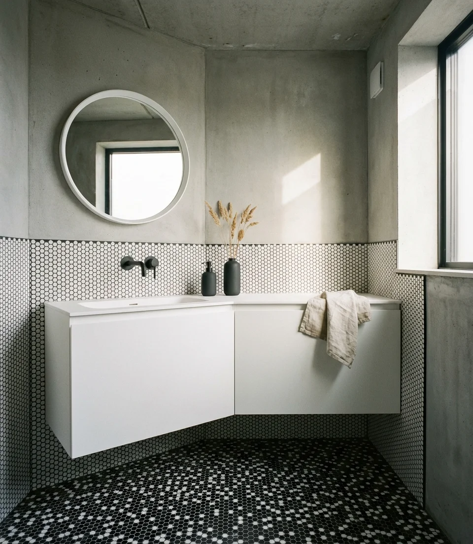 Modern Powder Room with Geometric Tile 1