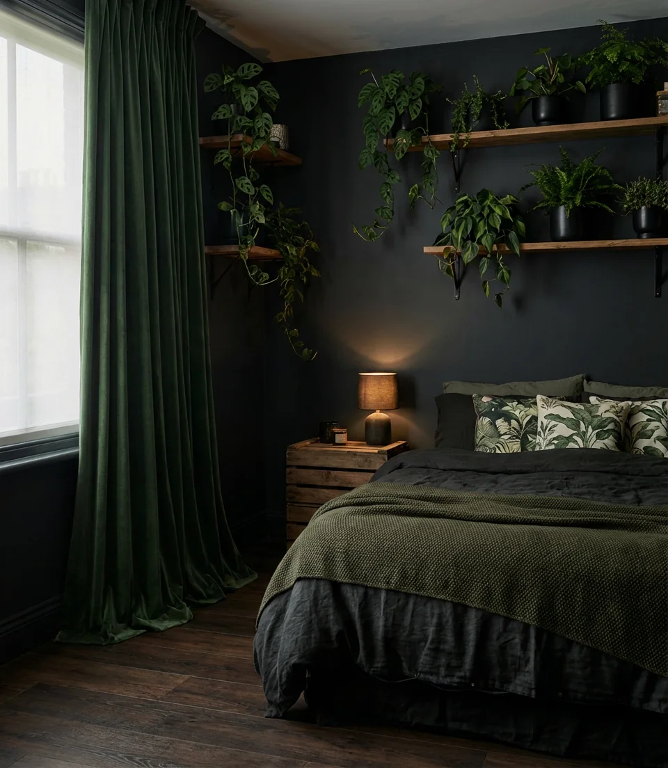 Moody Black Bedroom With Dark Green Botanical Touches 1