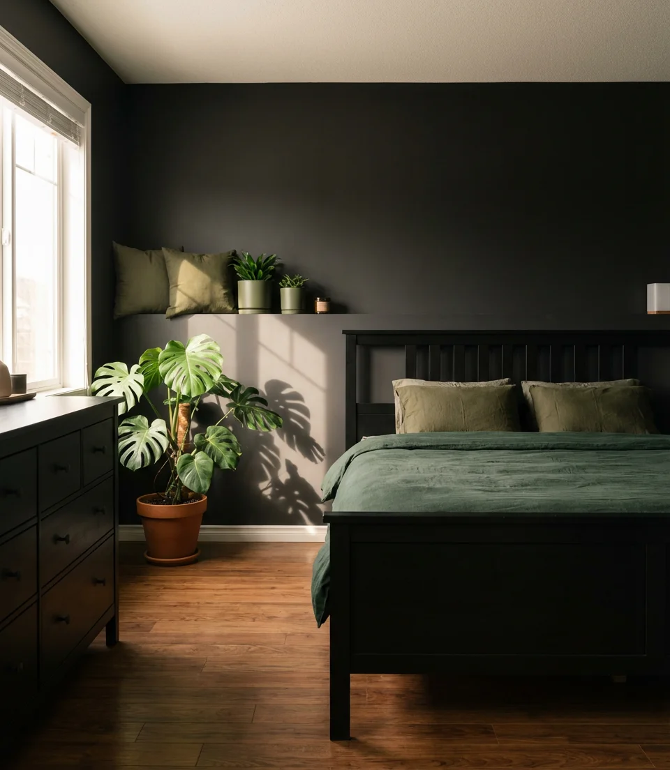 Moody Black Bedroom With Dark Green Botanical Touches 2