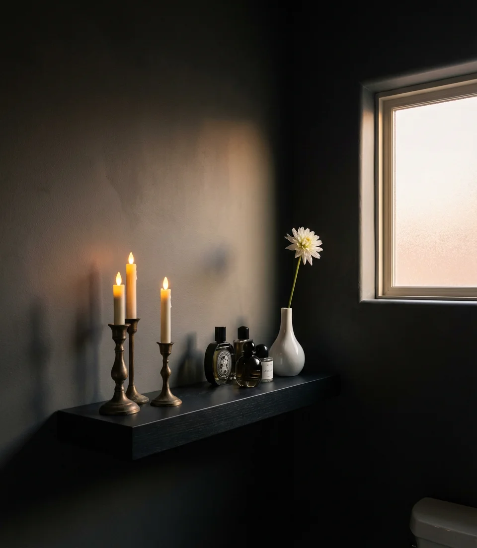 Moody Black Shelf Styling for a Dramatic Powder Room 1