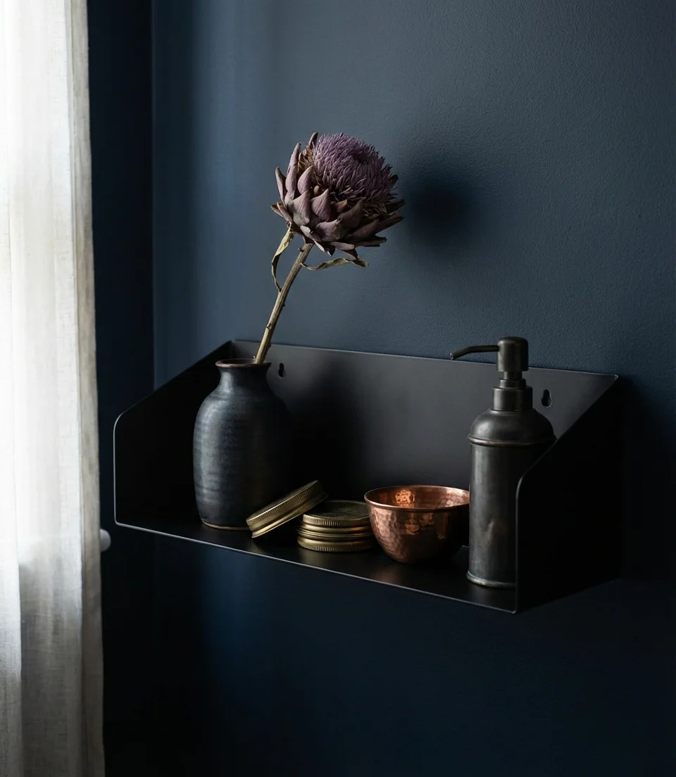 Moody Black Shelf Styling for a Dramatic Powder Room 2