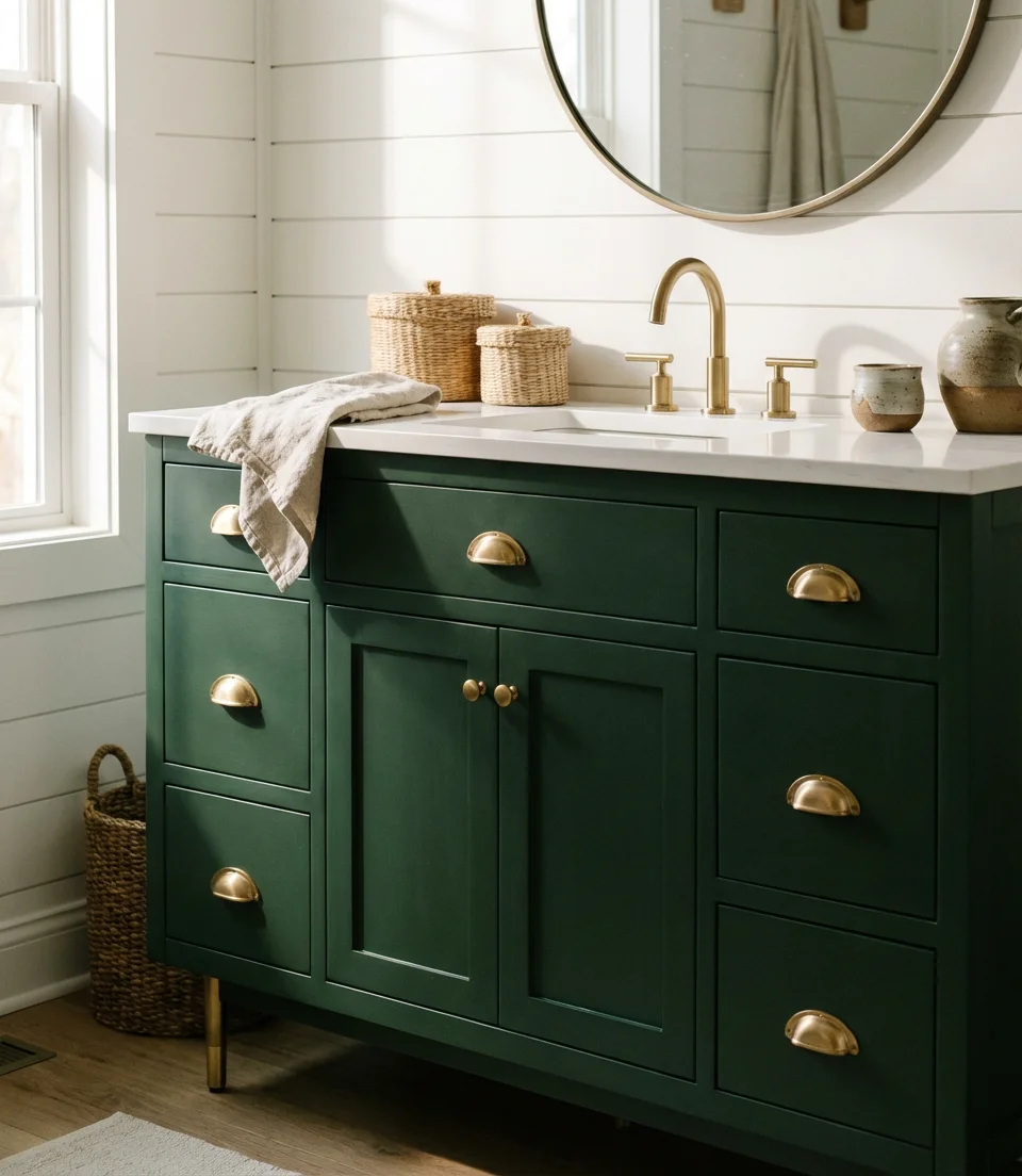 Moody Green Vanity with Brass Hardware 1