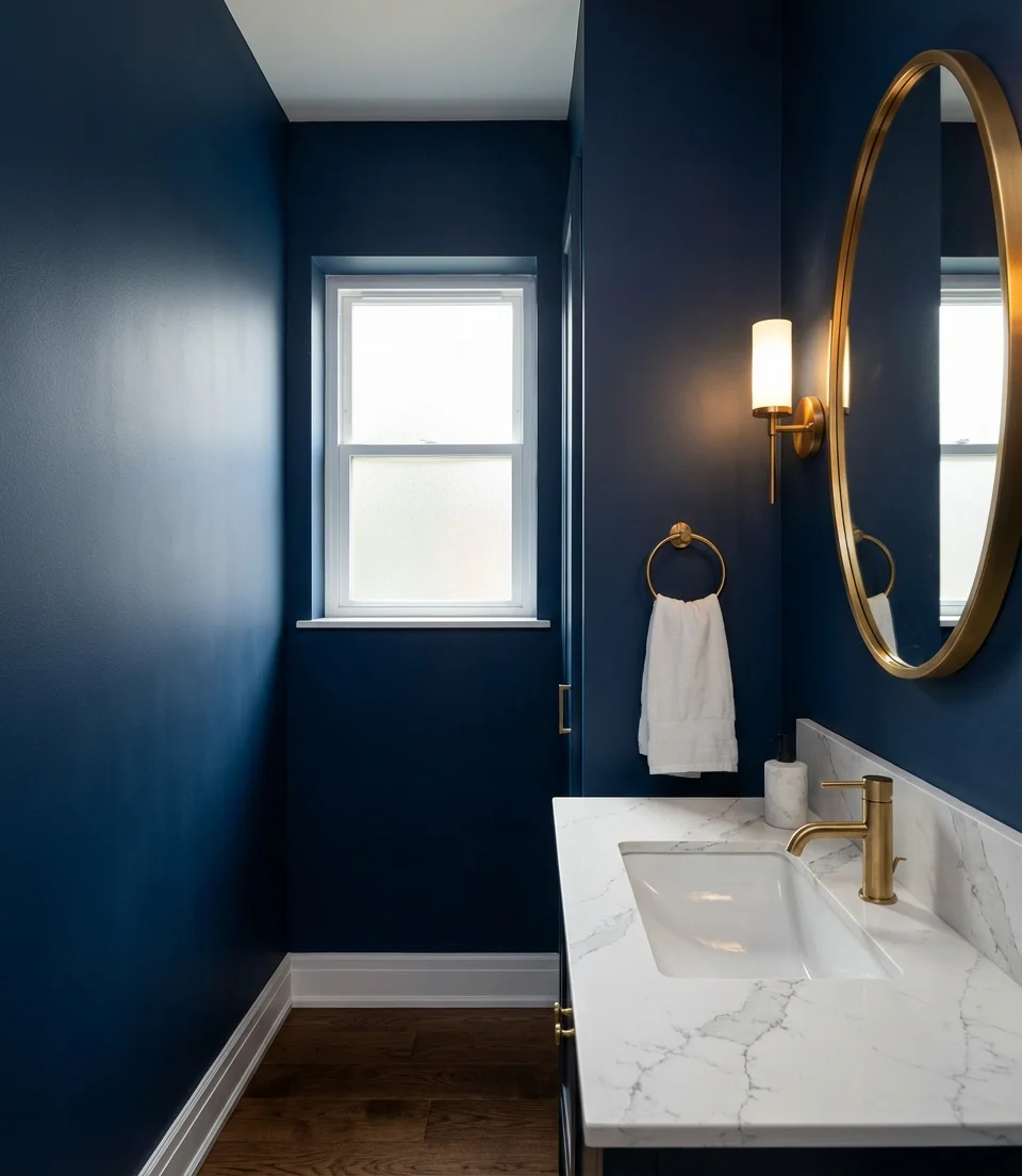 Navy Blue Powder Room with Brass Accents 1