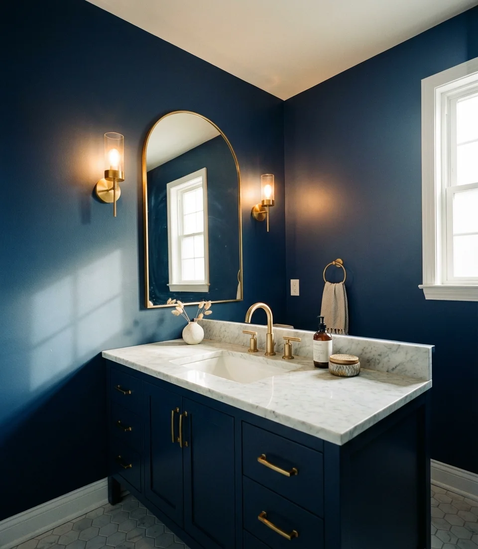 Navy Blue Powder Room with Brass Accents 2