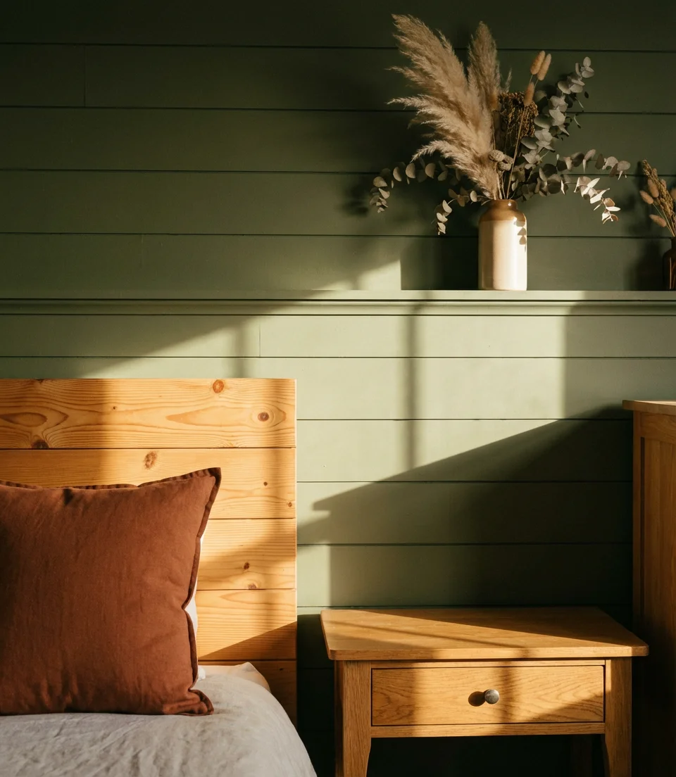 Olive Green Farmhouse Bedroom With Wood Furniture 2