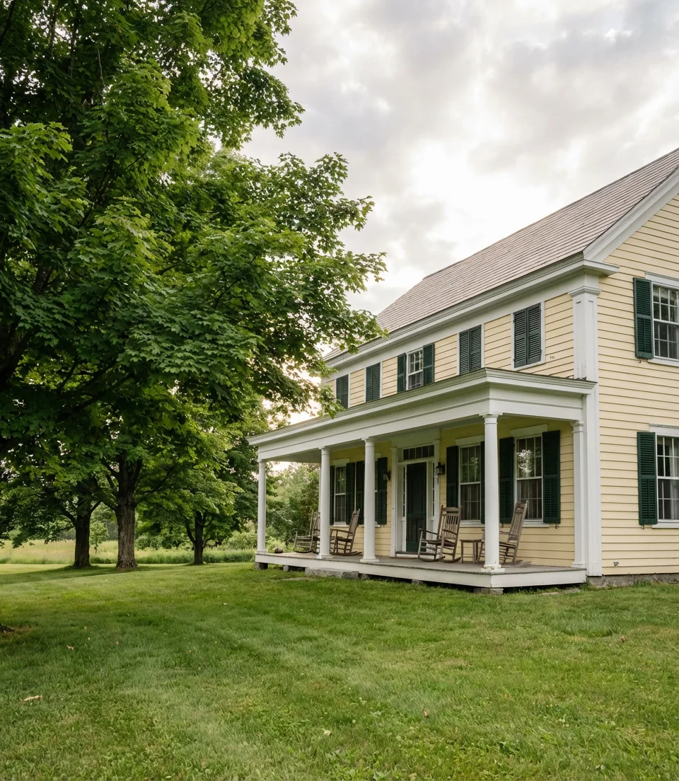 Pale Yellow Farmhouse With White Trim and Shutters 1