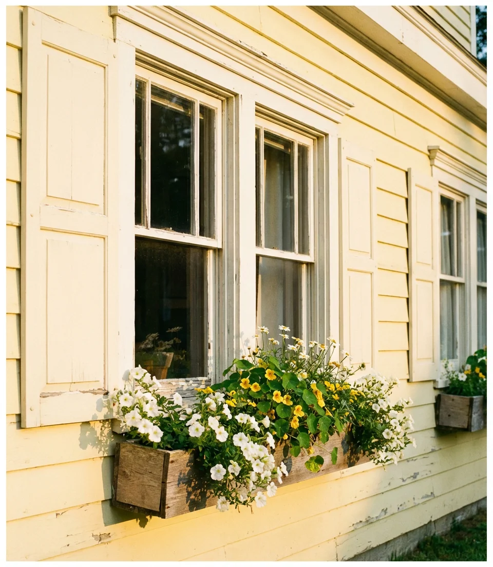 Pale Yellow Farmhouse With White Trim and Shutters 2