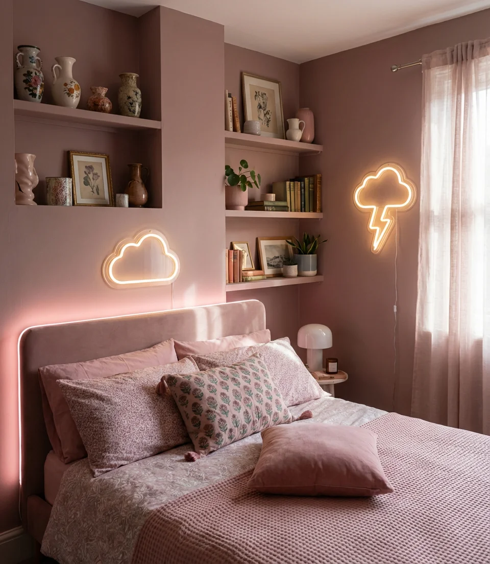 Pink Aesthetic Bedroom with Neon Accents 1