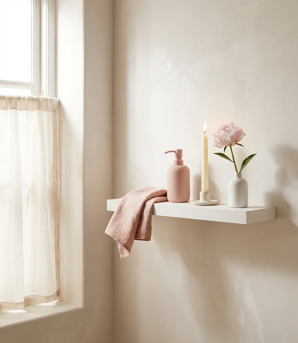 Pink and White Shelf Decor for a Feminine Modern Bathroom 1
