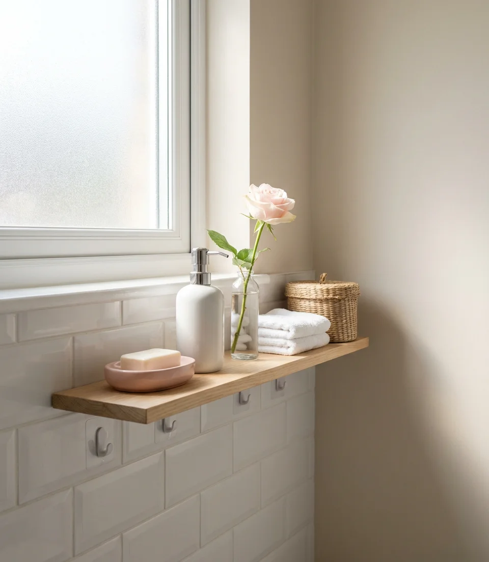 Pink and White Shelf Decor for a Feminine Modern Bathroom 2