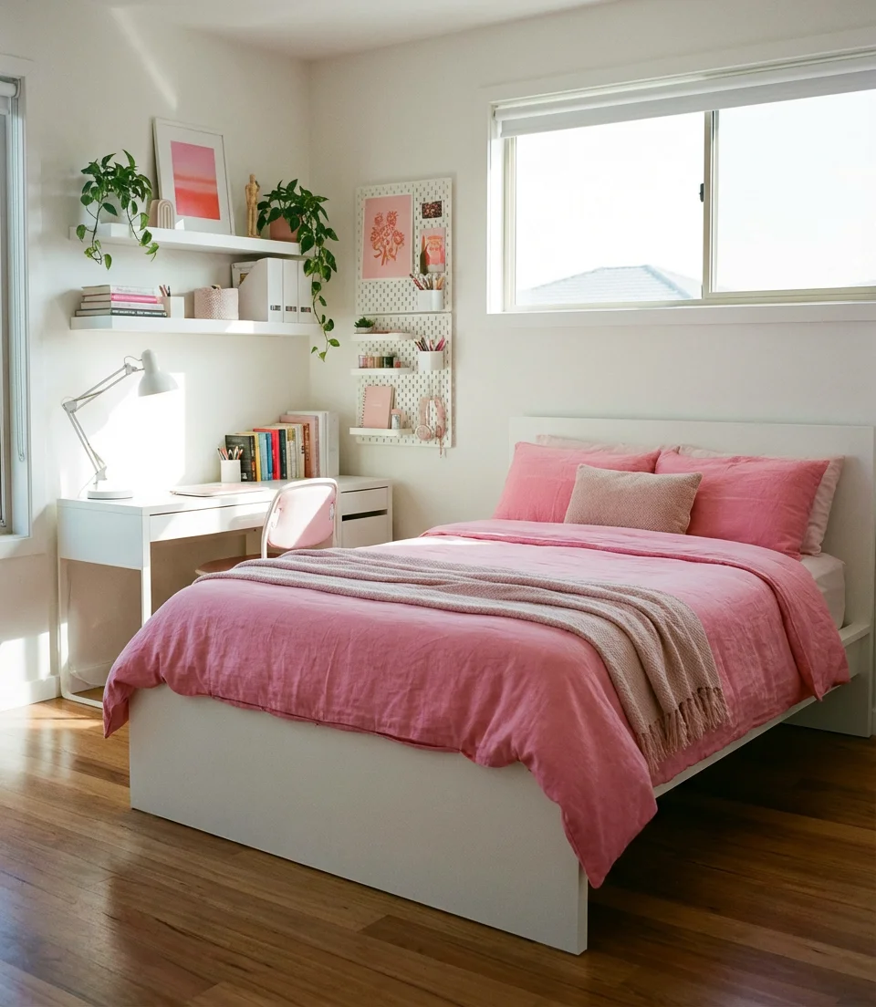 Pink and White Teen Room with Study Zone 1