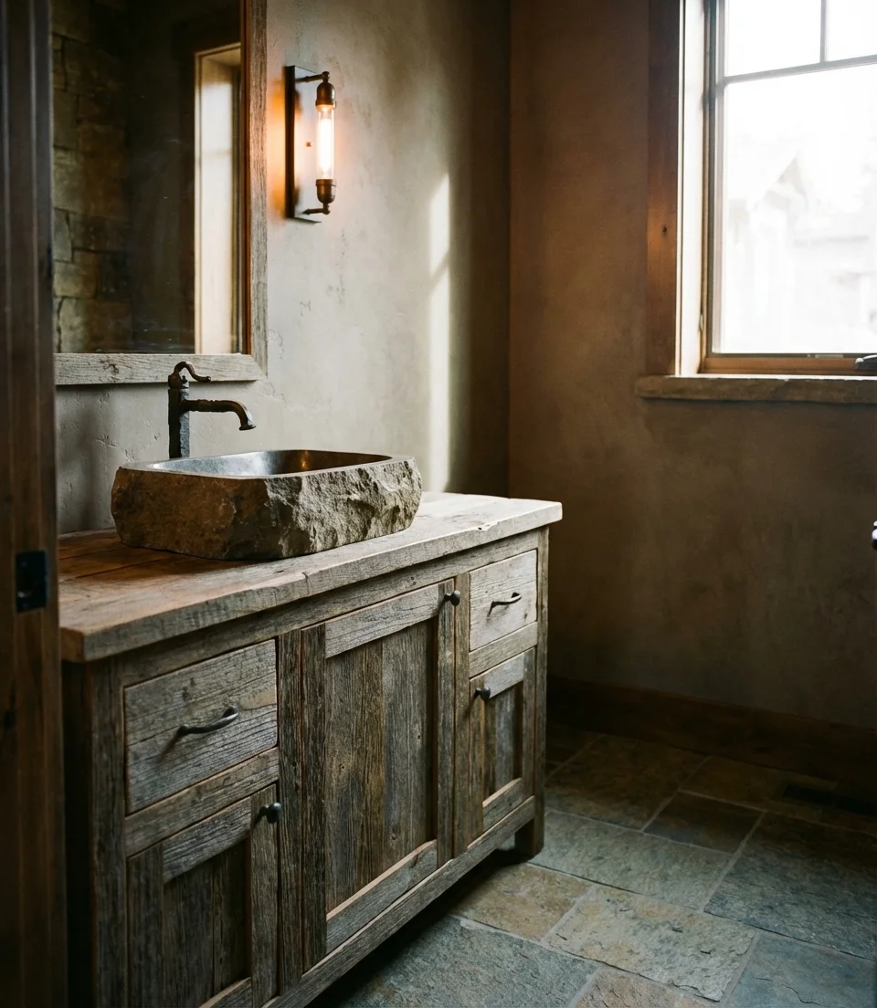 Rustic Wood and Stone Half Bath 1