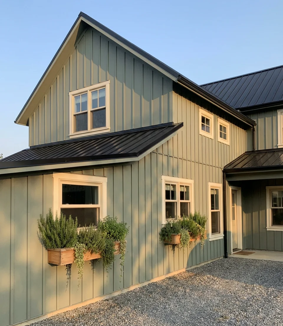 Sage Green on a Farmhouse With Board and Batten 1