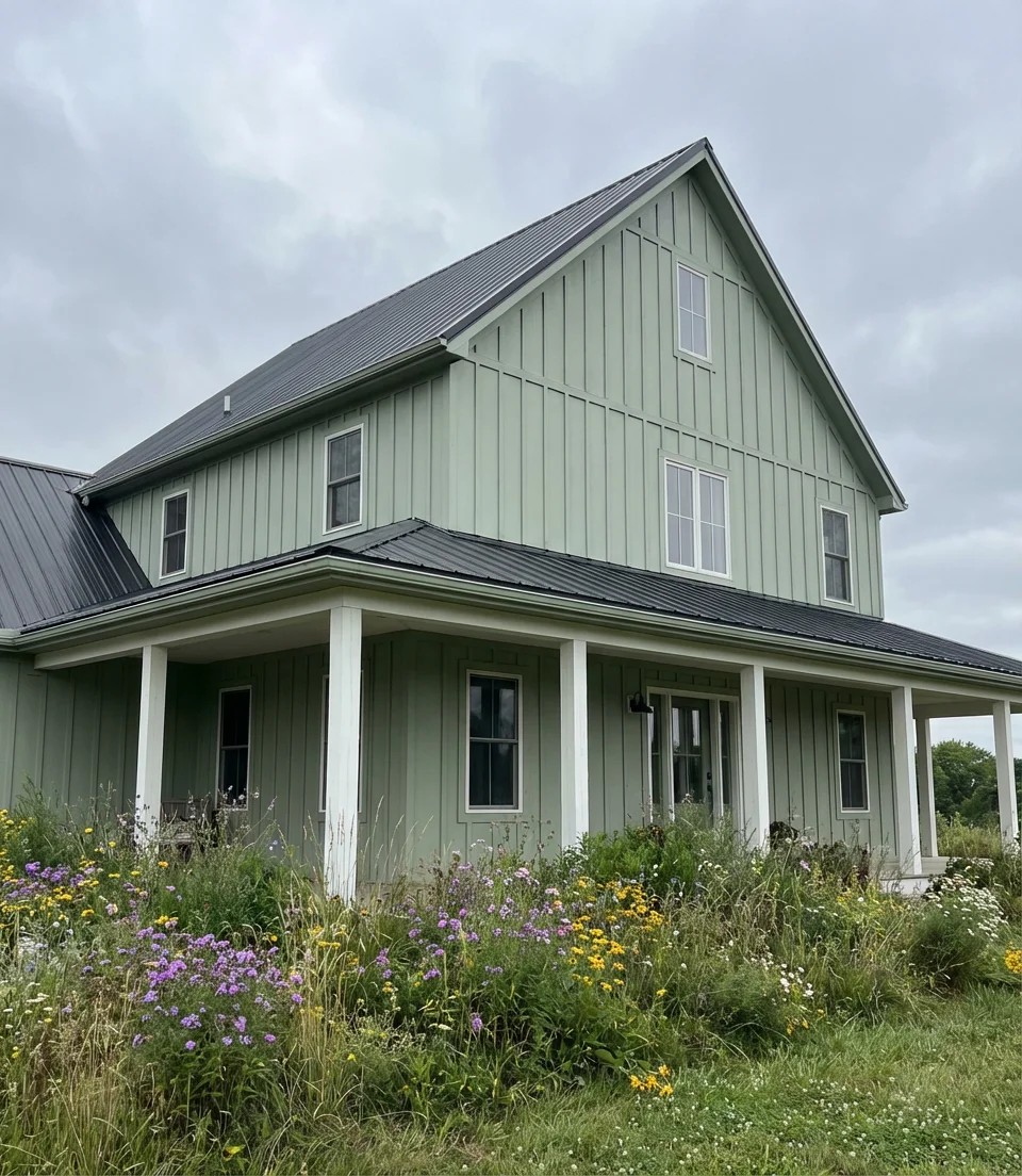 Sage Green on a Farmhouse With Board and Batten 2
