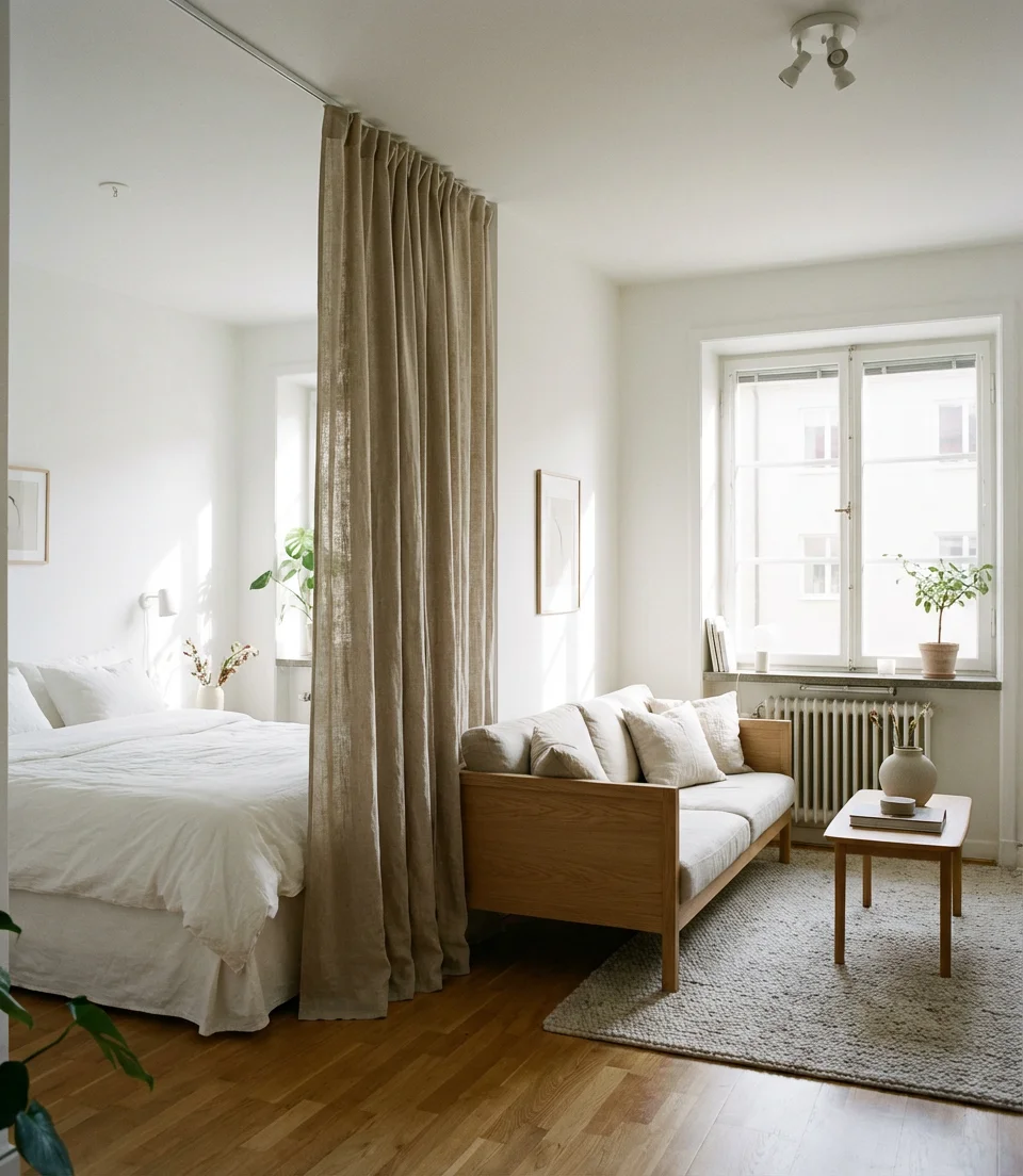 Scandinavian Studio Layout with Curtain Room Dividers 1