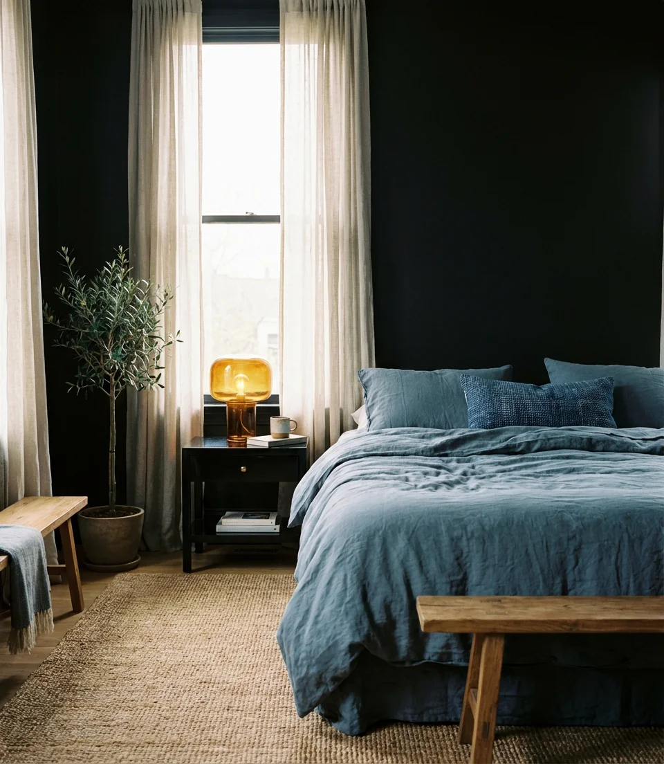 Soft Black Bedroom With Blue Accents 1