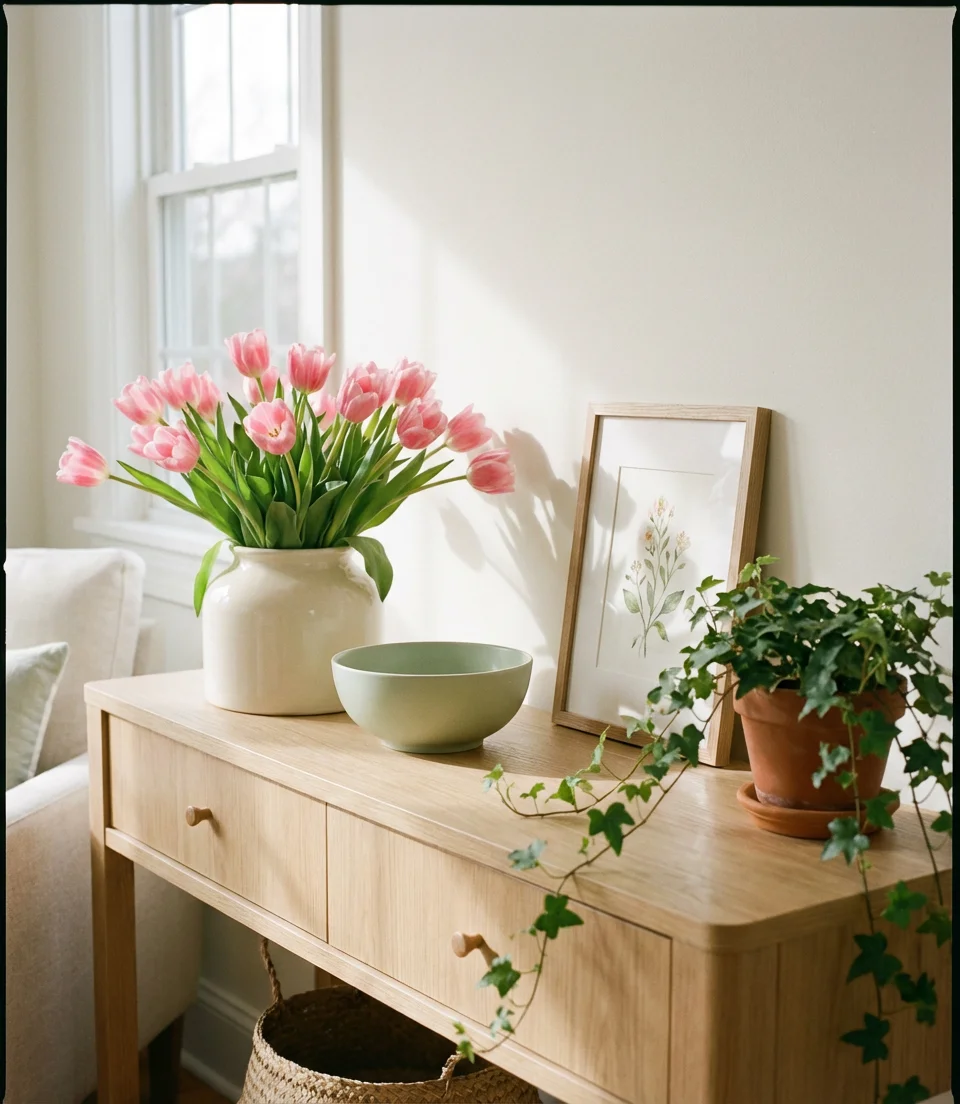 Spring Console Refresh with Fresh Flowers and Pastels 1