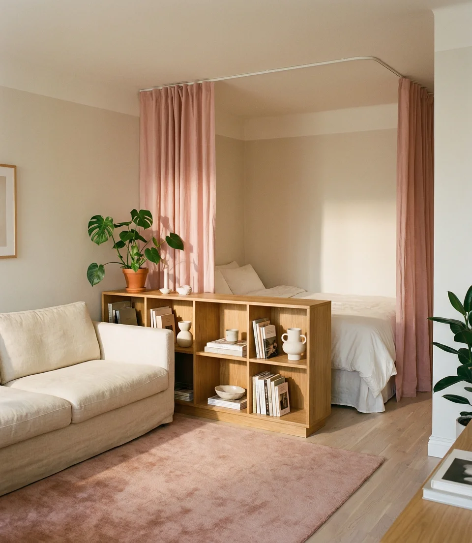 Studio Apartment with Smart Zoning and Pink Pops 1